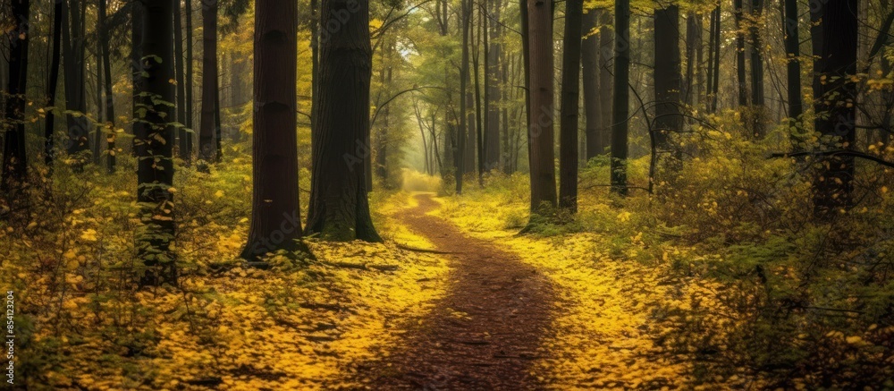 Obraz premium Autumnal Path Through a Misty Forest