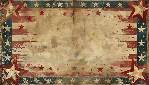 A nostalgic 4th of July banner of vintage American flag, aged paper edges with distressed textures, stars, stripes, and patriotic motifs. American flag background.
