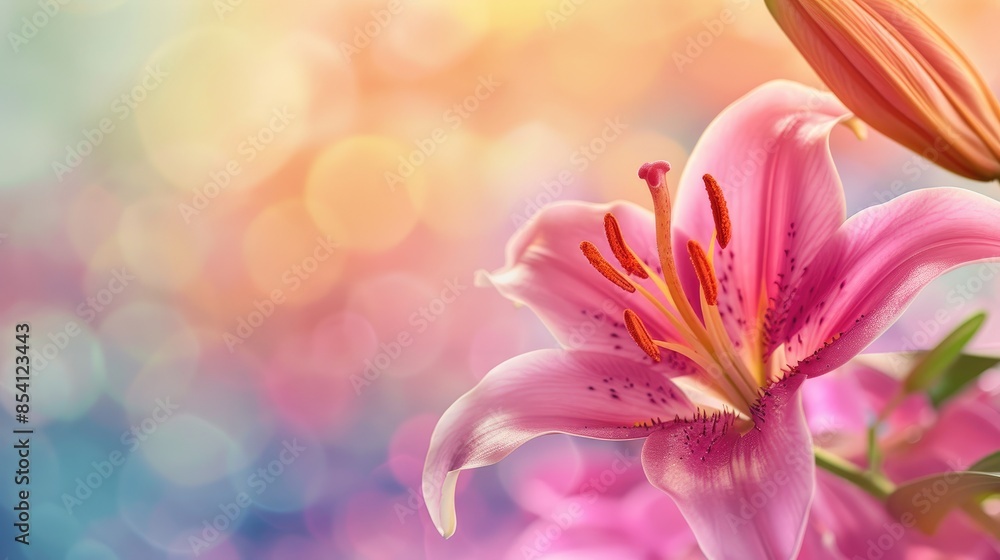 Fototapeta premium Close up of pink lily flower on colorful backdrop with room for text