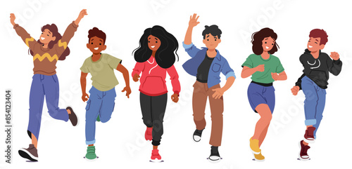 Front View Of A Diverse Group Of Kids Running Together With Happy And Joyful Expressions, Cartoon Vector Illustration
