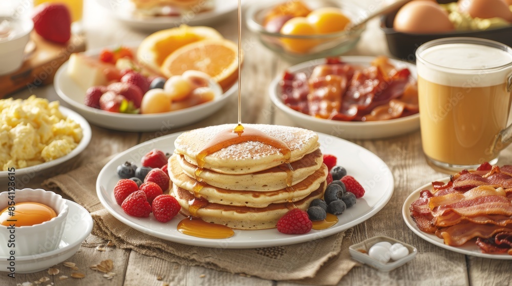 Cozy Breakfast Setting on Rustic Wooden Table Generative AI Cozy Breakfast Setting on Rustic Wooden Table Generative AI