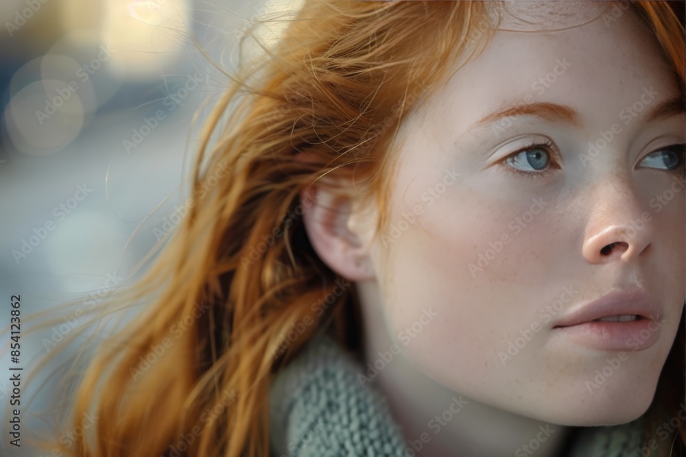 Profile view of a red-haired woman against a blurry background, showing a contemplative expression Profile view of a red-haired woman against a blurry background, showing a contemplative expression