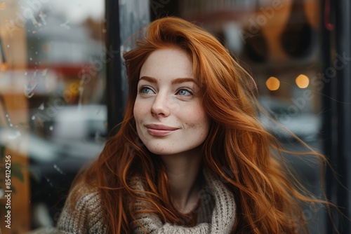 Woman with red hair and a dreamy expression looking out a coffee shop window