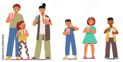 Group Of Kids And Adults Family Characters Enjoying A 3d Movie, Wearing 3d Glasses With Popcorn And Drinks In Hand