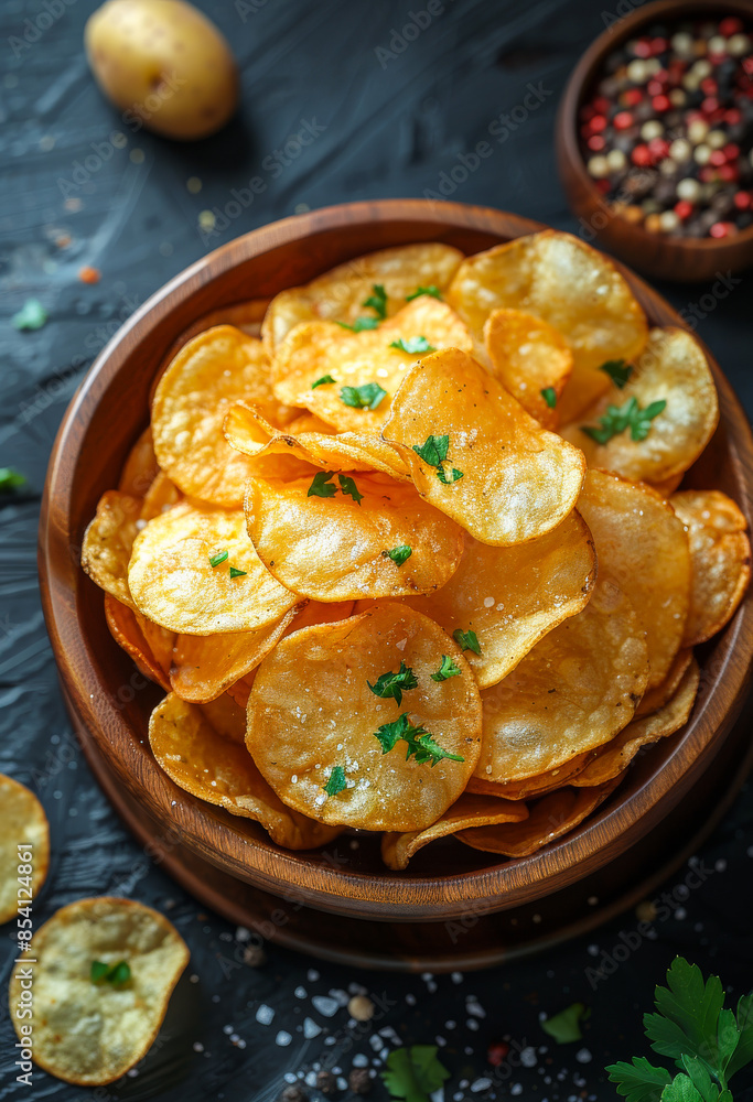 A bowl of potato chips with parsley on top. The chips are golden brown and the parsley adds a pop of color and freshness to the dish A bowl of potato chips with parsley on top. The chips are golden brown and the parsley adds a pop of color and freshness to the dish