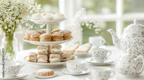 Wallpaper Mural Elegant Afternoon Tea Setup with Delicate Finger Sandwiches and Scones Generative AI Torontodigital.ca