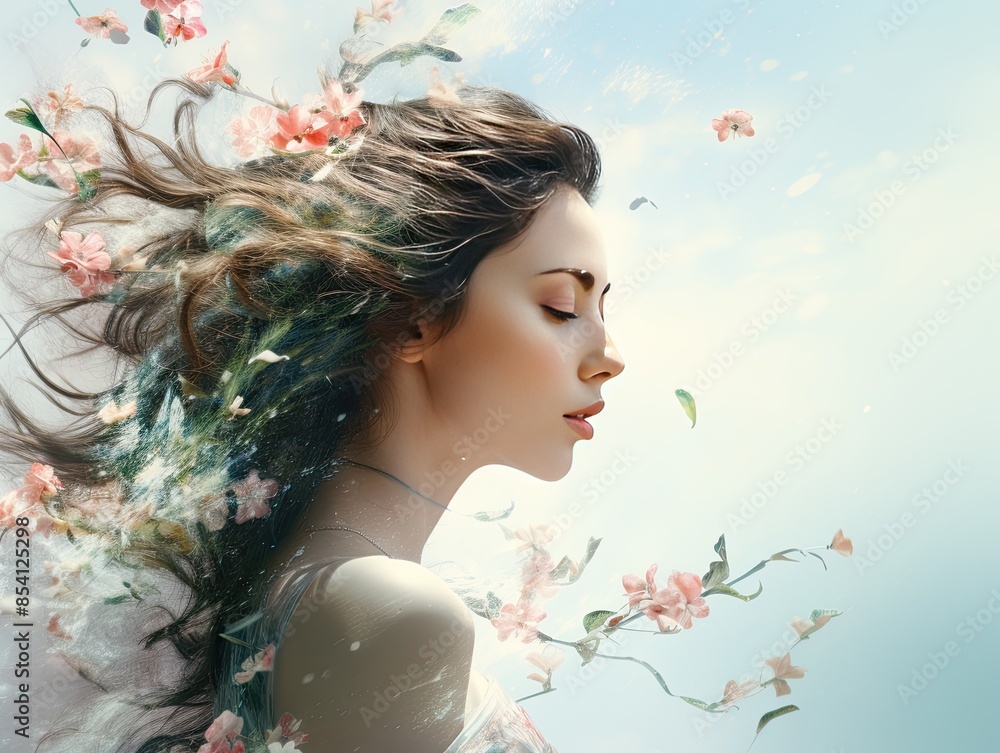 Fototapeta premium Attractive brunette woman in profile symbolizing the spring season against a background of blooming sakura flowers