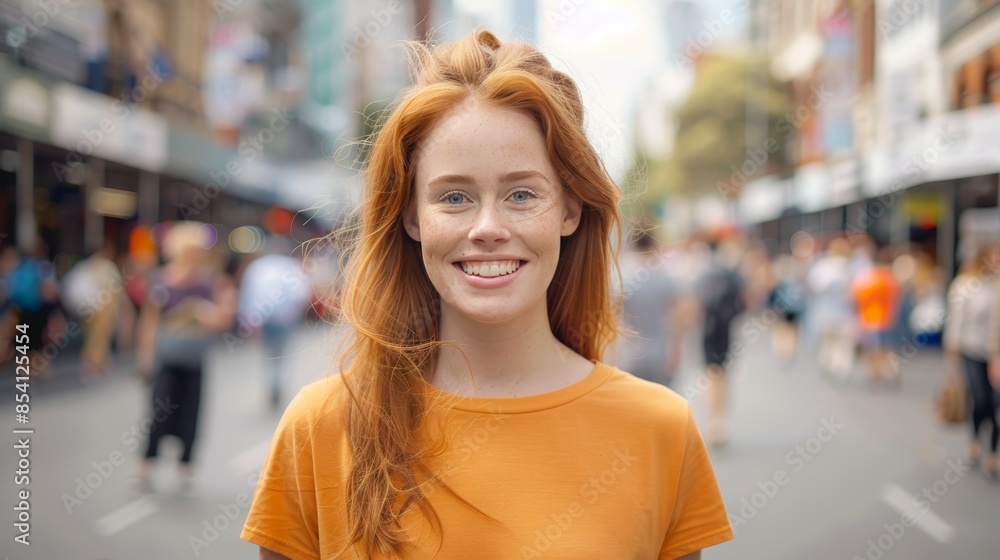 Smiling Woman in City Street Scene Generative AI Smiling Woman in City Street Scene Generative AI