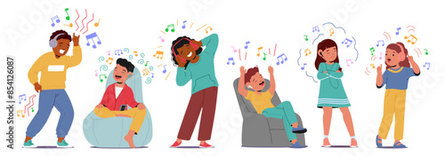 Group Of Happy Kids Enjoying Music Through Headphones And Singing Along. Kids Expressing Joy And Enthusiasm