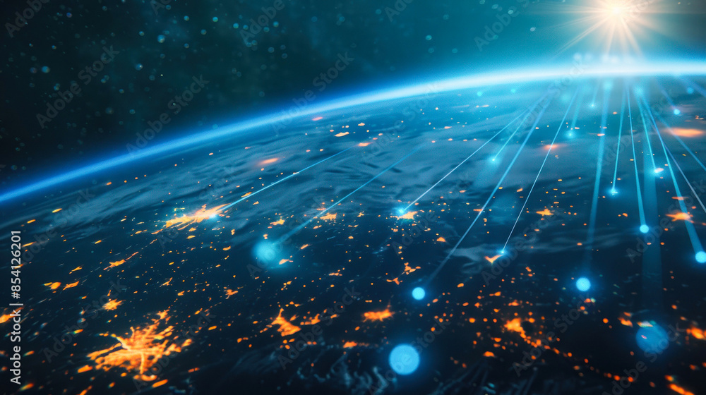 Obraz premium Abstract network connections over Earth from space