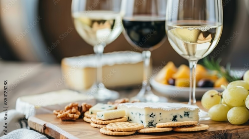 Wine and Cheese Pairing Setup on Rustic Wooden Table Generative AI Wine and Cheese Pairing Setup on Rustic Wooden Table Generative AI