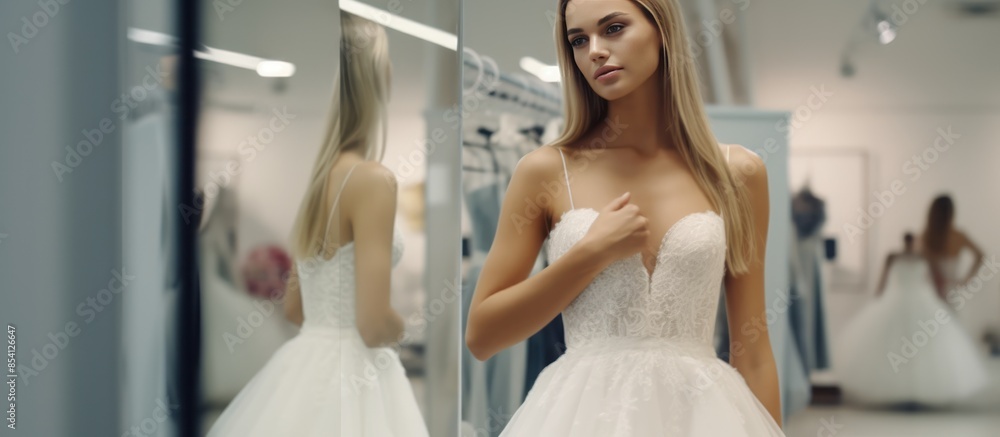 Bride-to-be Admiring Herself in a Wedding Dress Bride-to-be Admiring Herself in a Wedding Dress
