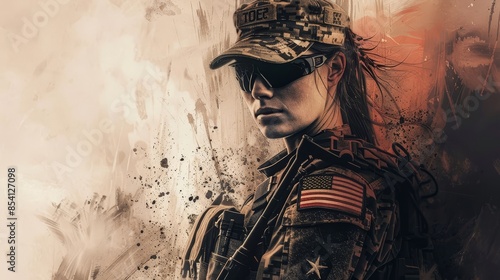 Powerful and Dynamic Double Exposure Artwork Featuring a Female Special Soldier Emblazoned with a Stars and Stripes Emblem on Her Tactical Vest photo