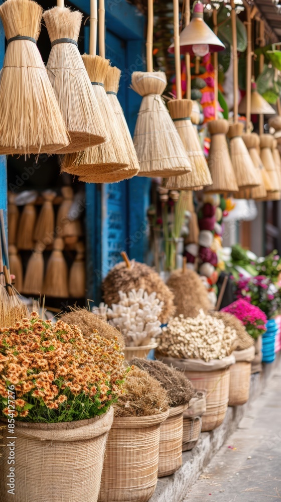 Fototapeta premium Colorful street market with various handmade brooms and baskets filled with flowers, showcasing authentic traditional crafts and local products.