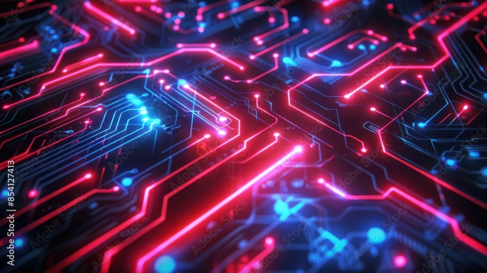 Futuristic circuit board with red and blue neon glowing light. generative AI image Futuristic circuit board with red and blue neon glowing light. generative AI image
