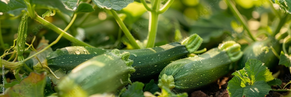 Zucchinis thrive on a plantation, their vibrant green skins gleaming among lush foliage, promising a bountiful and healthy harvest, banner Zucchinis thrive on a plantation, their vibrant green skins gleaming among lush foliage, promising a bountiful and healthy harvest, banner
