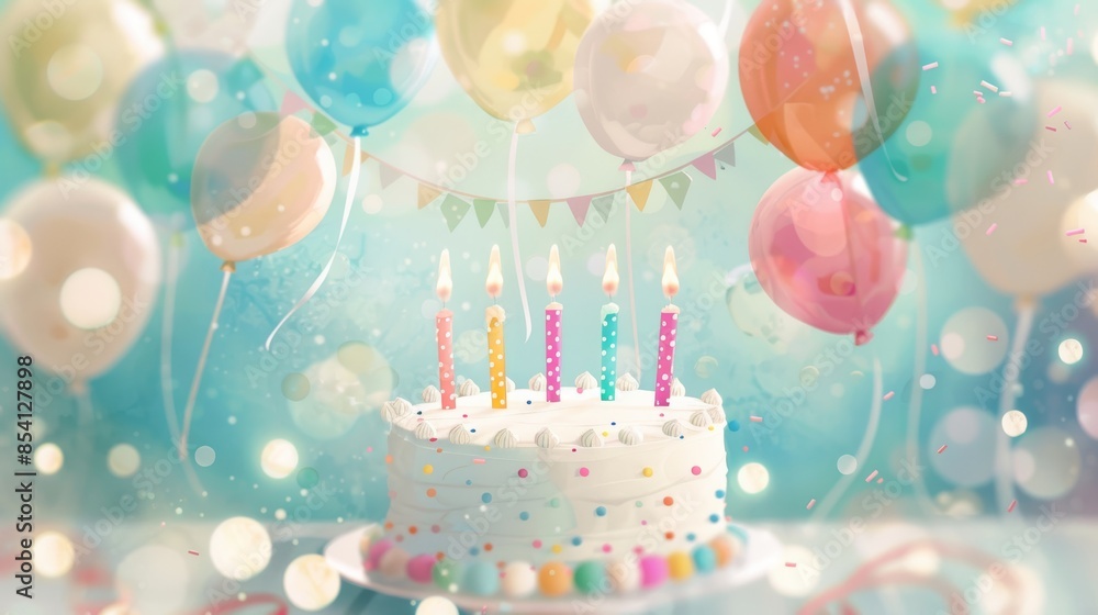 Vibrant Birthday Celebration Scene with Cake and Balloons Generative AI Vibrant Birthday Celebration Scene with Cake and Balloons Generative AI