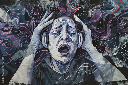 Woman with hands over ears, chaotic sounds around, auditory hallucinations, mental health concept