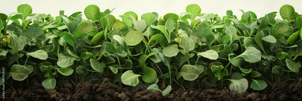 A plantation displays arugula flourishing in an organic environment, with verdant, crisp leaves set against rich soil and meticulously arranged plants, banner A plantation displays arugula flourishing in an organic environment, with verdant, crisp leaves set against rich soil and meticulously arranged plants, banner