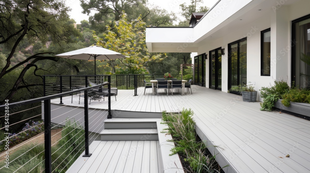 Cozy Outdoor Patio with Fence and Stairs Generative AI Cozy Outdoor Patio with Fence and Stairs Generative AI