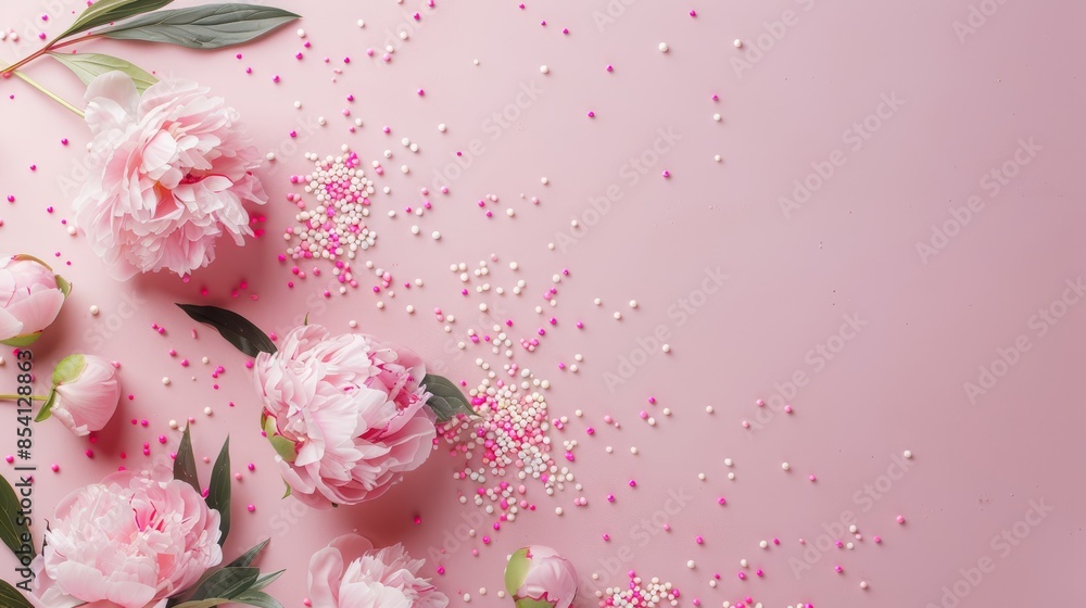 Vibrant Pink Peonies Flat Lay with Copy Space Generative AI Vibrant Pink Peonies Flat Lay with Copy Space Generative AI