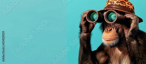 Fototapeta Naklejka Na Ścianę i Meble -  Monkey wearing hat and holding binoculars on a blue pastel background, Copy space. generative AI