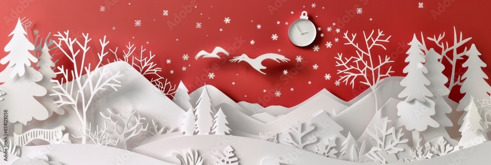Delicate paper-cut scenes feature a snowy forest and fir trees, symbolizing New Year and Merry Christmas with their tranquil atmosphere and festive allure, banner Delicate paper-cut scenes feature a snowy forest and fir trees, symbolizing New Year and Merry Christmas with their tranquil atmosphere and festive allure, banner