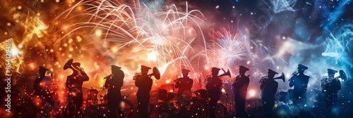 Vibrant double exposure image depicting a marching band performance combined with brilliant fireworks display,symbolizing the joyful of American Independence Day. The dynamic. photo