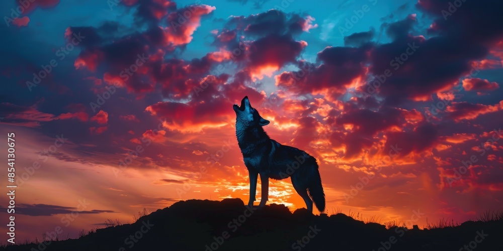 A wolf is standing on a hillside in front of a beautiful sunset. Generate AI image A wolf is standing on a hillside in front of a beautiful sunset. Generate AI image