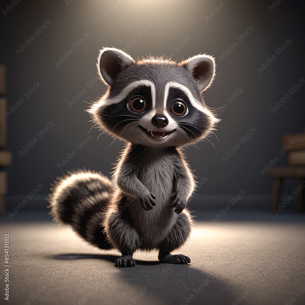 Adorable Baby Raccoon in Cinematic Light Kids 3D Animation Movie Illustration Adorable Baby Raccoon in Cinematic Light Kids 3D Animation Movie Illustration