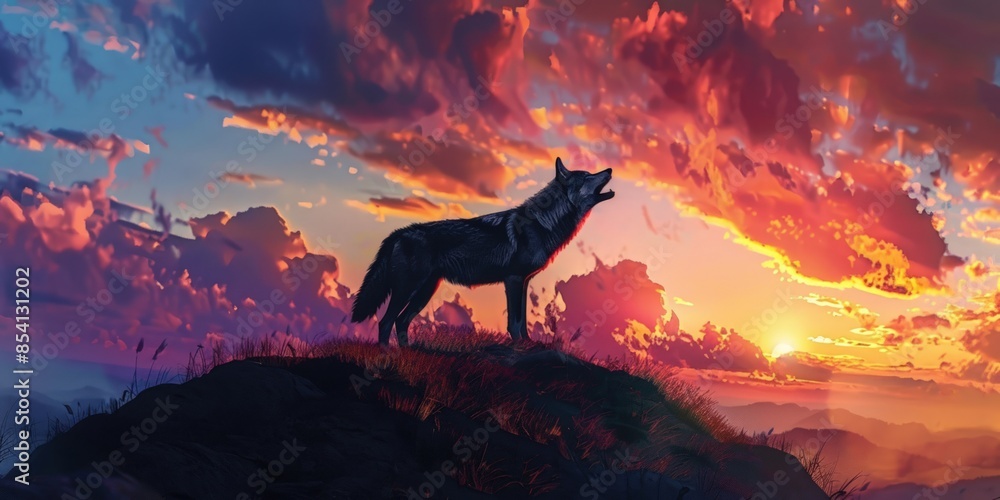 A wolf is standing on a hillside in front of a beautiful sunset. Generate AI image A wolf is standing on a hillside in front of a beautiful sunset. Generate AI image