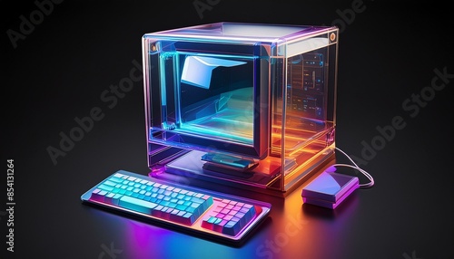 old desktop computer made of translucent glass, isolated on black background; 3d