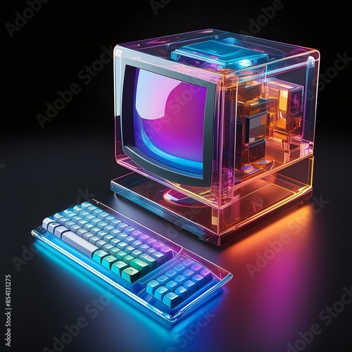 old desktop computer made of translucent glass, isolated on black background; 3d