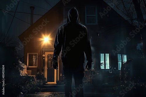 Night’s Enigma Suspicious Silhouette of a Hooded Man Lurking by a House