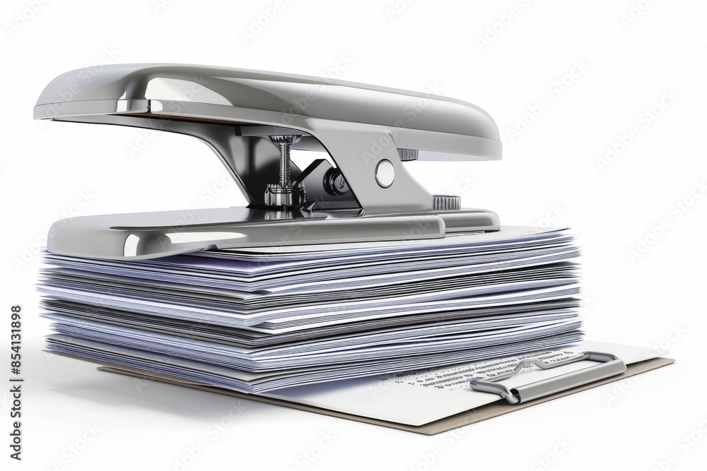 A sleek silver stapler sits next to a tidy stack of documents, ready to bring order to your paperwork. A sleek silver stapler sits next to a tidy stack of documents, ready to bring order to your paperwork.