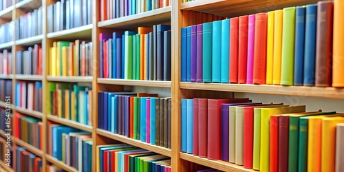 School textbooks in bright bindings stand on shelves in the library