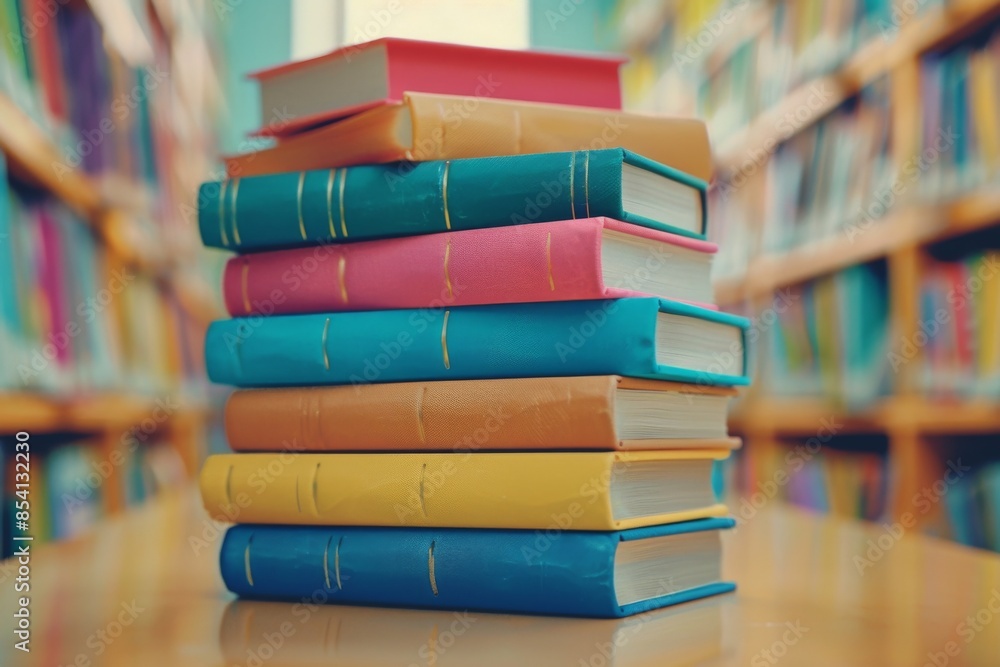 A vibrant stack of books with cheerful covers adds a joyful atmosphere to the school library. A vibrant stack of books with cheerful covers adds a joyful atmosphere to the school library.