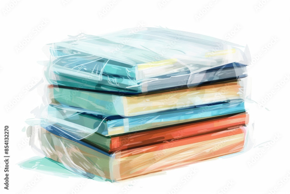 A stack of new textbooks, still in plastic wrap, ready to be distributed to excited students on their first day back. The illustration is set against a clear white background. A stack of new textbooks, still in plastic wrap, ready to be distributed to excited students on their first day back. The illustration is set against a clear white background.