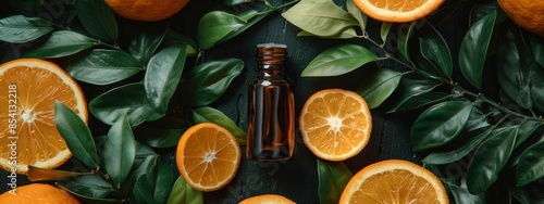  A bottle of orange essential oil sits on a green surface, encircled by sliced oranges and orange leaves Surrounding the scene are additional orange leaves photo
