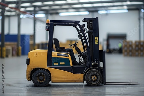 A yellow and black forklift parked in an industrial warehouse aisle with shelves and products in the background