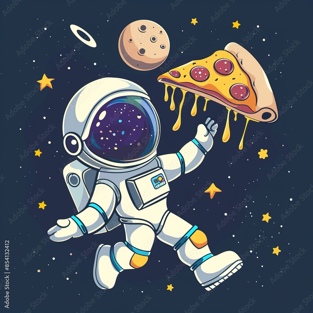 Fototapeta premium Astronaut floating in space while holding a slice of pizza on galaxy