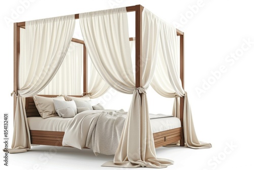 A stylish bedroom with a luxurious canopy bed and soft, silky sheets. Illustration on a clear white background --ar 3:2 --style raw Job ID: 2ad33647-b65e-43fd-9297-01f15da1347c