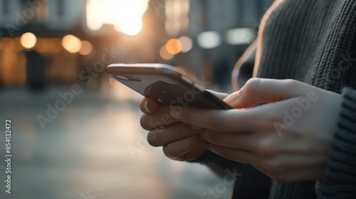 Close-up of hands holding a smartphone. The background is blurred cityscape with bright lights and a warm sunset.