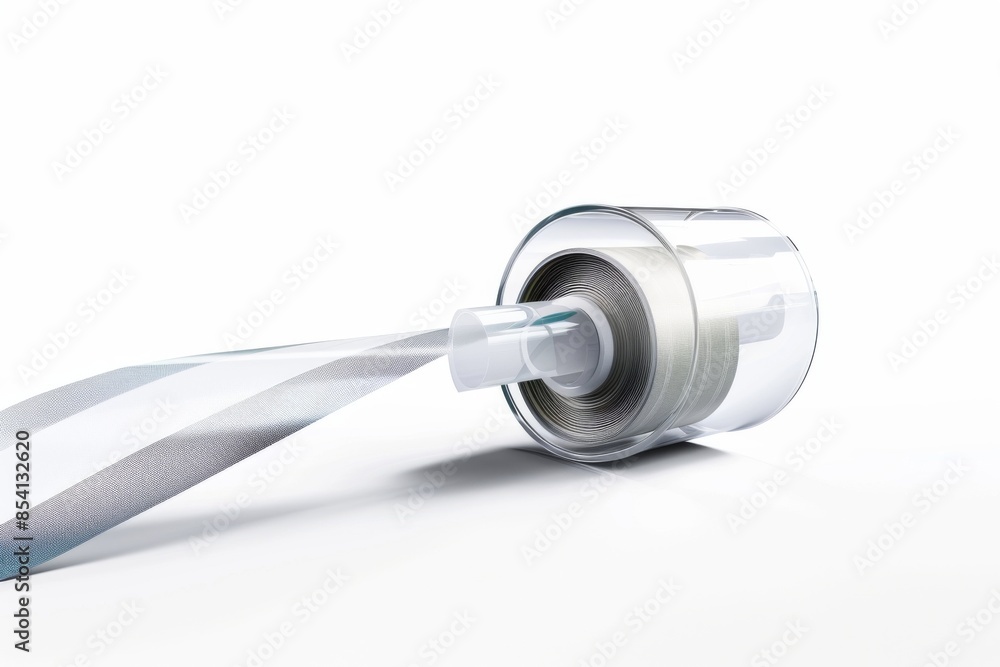 A modern tape dispenser cutting clear tape against a clean, white backdrop. A modern tape dispenser cutting clear tape against a clean, white backdrop.