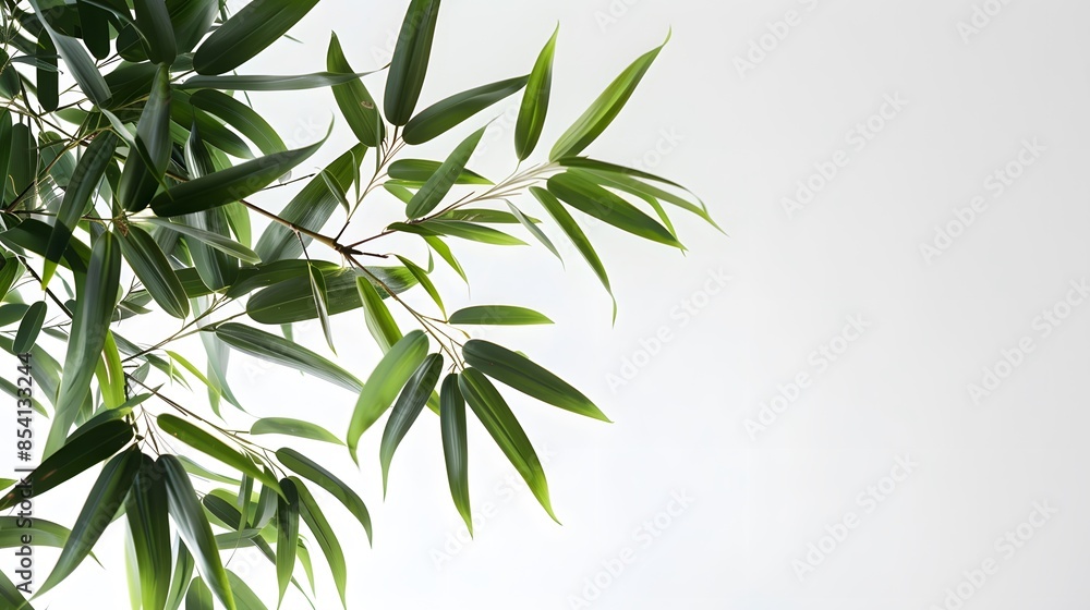 Obraz premium Thick-stemmed bamboo branch with leaves on white background