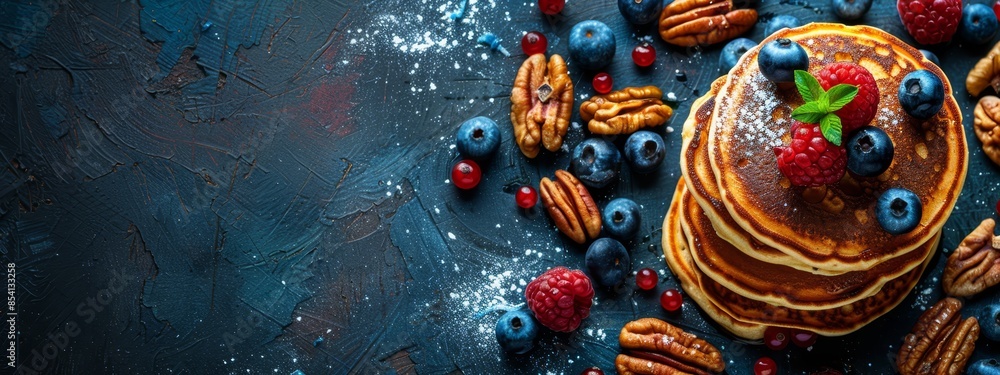 A stack of pancakes topped with blueberries, raspberries, and pecans each A stack of pancakes topped with blueberries, raspberries, and pecans each