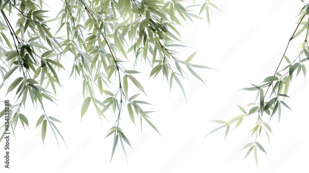 Fototapeta premium Thick-stemmed bamboo branch with leaves on white background