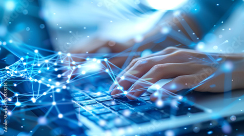 Abstract digital connections and network web overlaying hands typing on laptop keyboard, symbolizing modern technology, communication, and global interconnectedness.