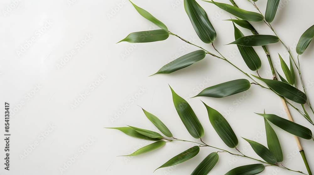 Obraz premium Thick-stemmed bamboo branch with leaves on white background