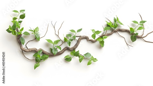 realistic twisted jungle branch with plant growing isolated on a white background